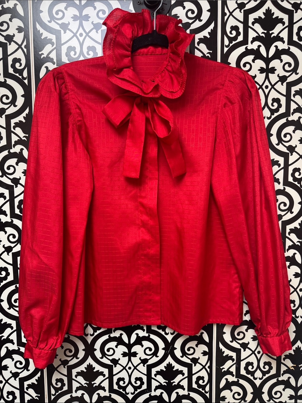 Vintage Handmade Bow-Tie Ruffled High-Neck Red Blouse